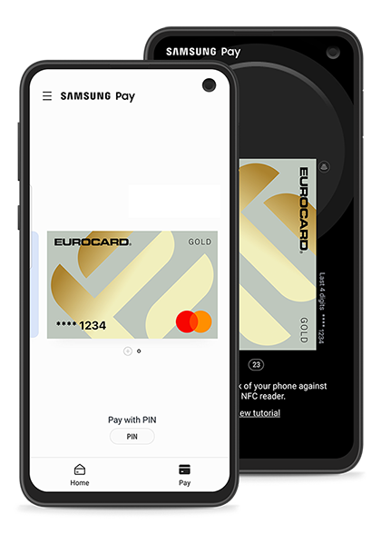 Eurocard Gold og Samsung Pay på telefon.
